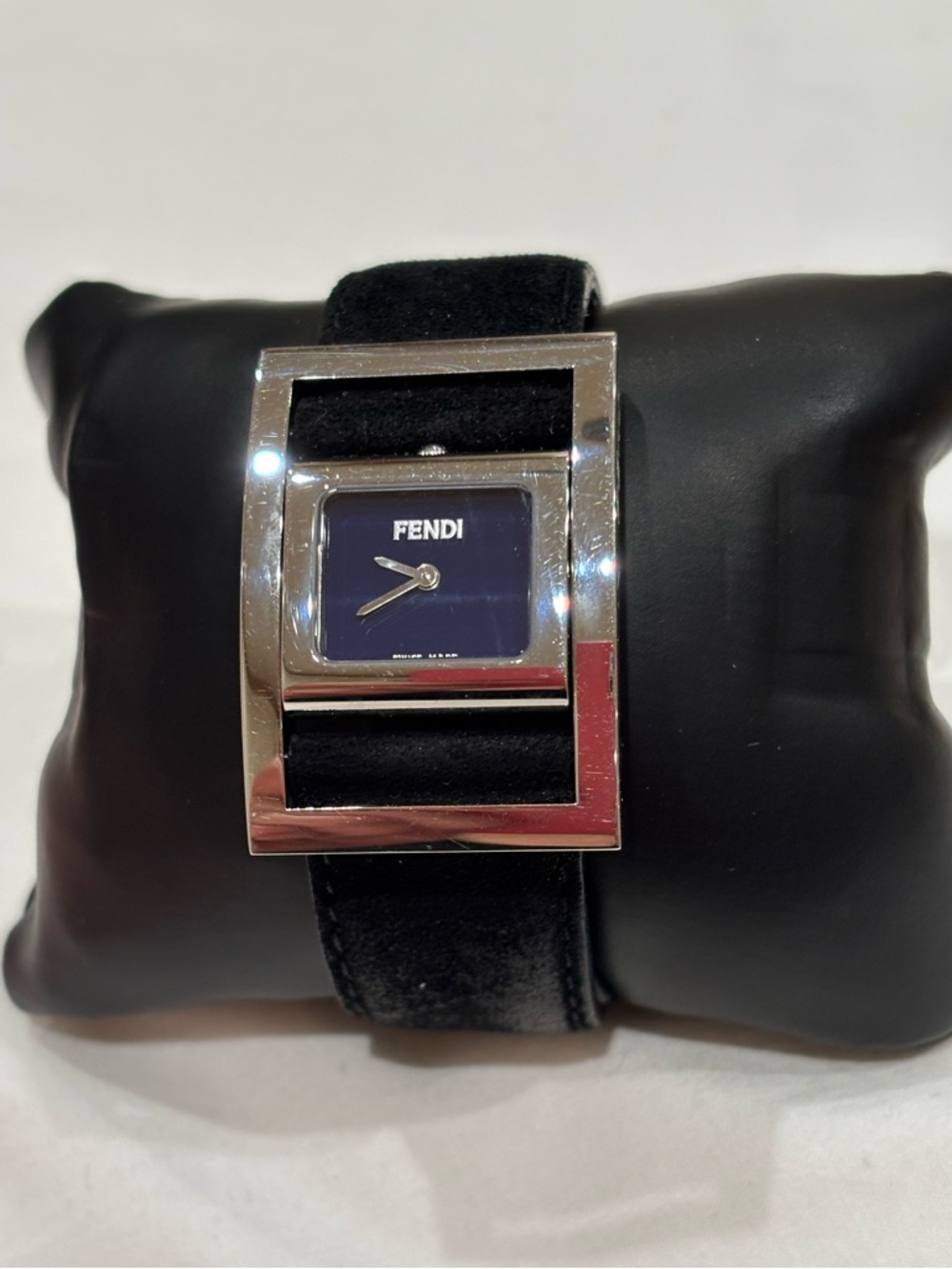 Fendi Black Suede Strap Watch with Silver-Tone Case and Navy Dial